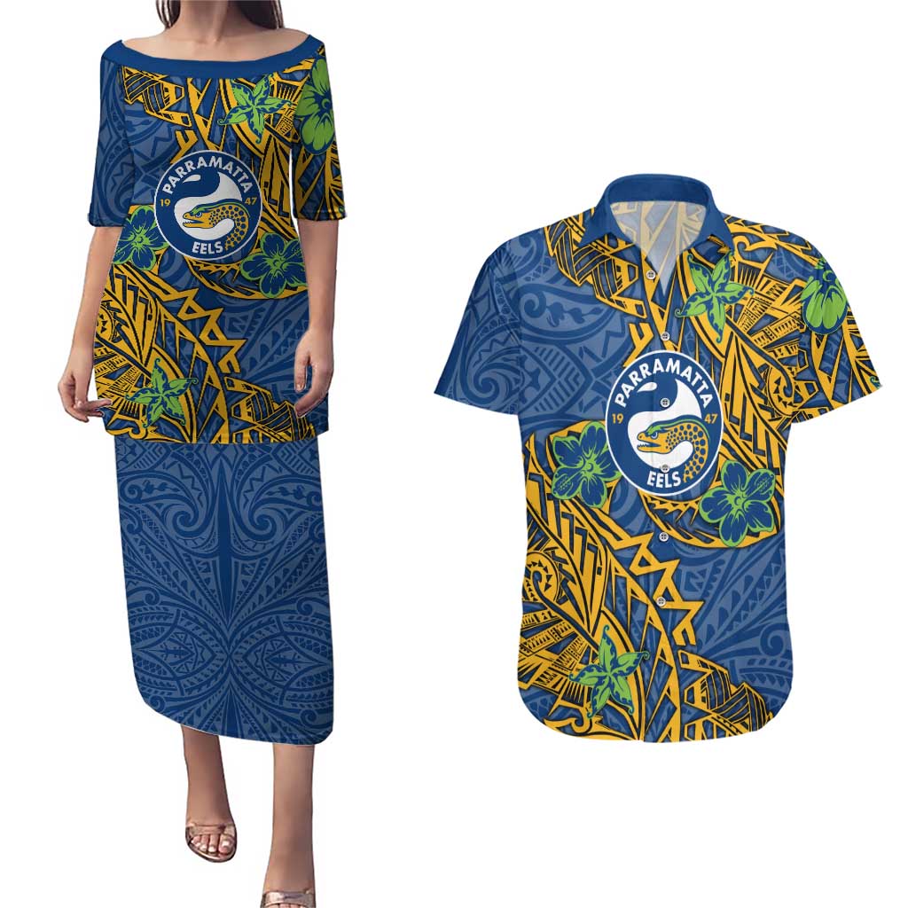 Personalised Parramatta Eels Couples Matching Puletasi and Hawaiian Shirt Polynesian Tribal Pattern With Rugby Eel Mascot Art
