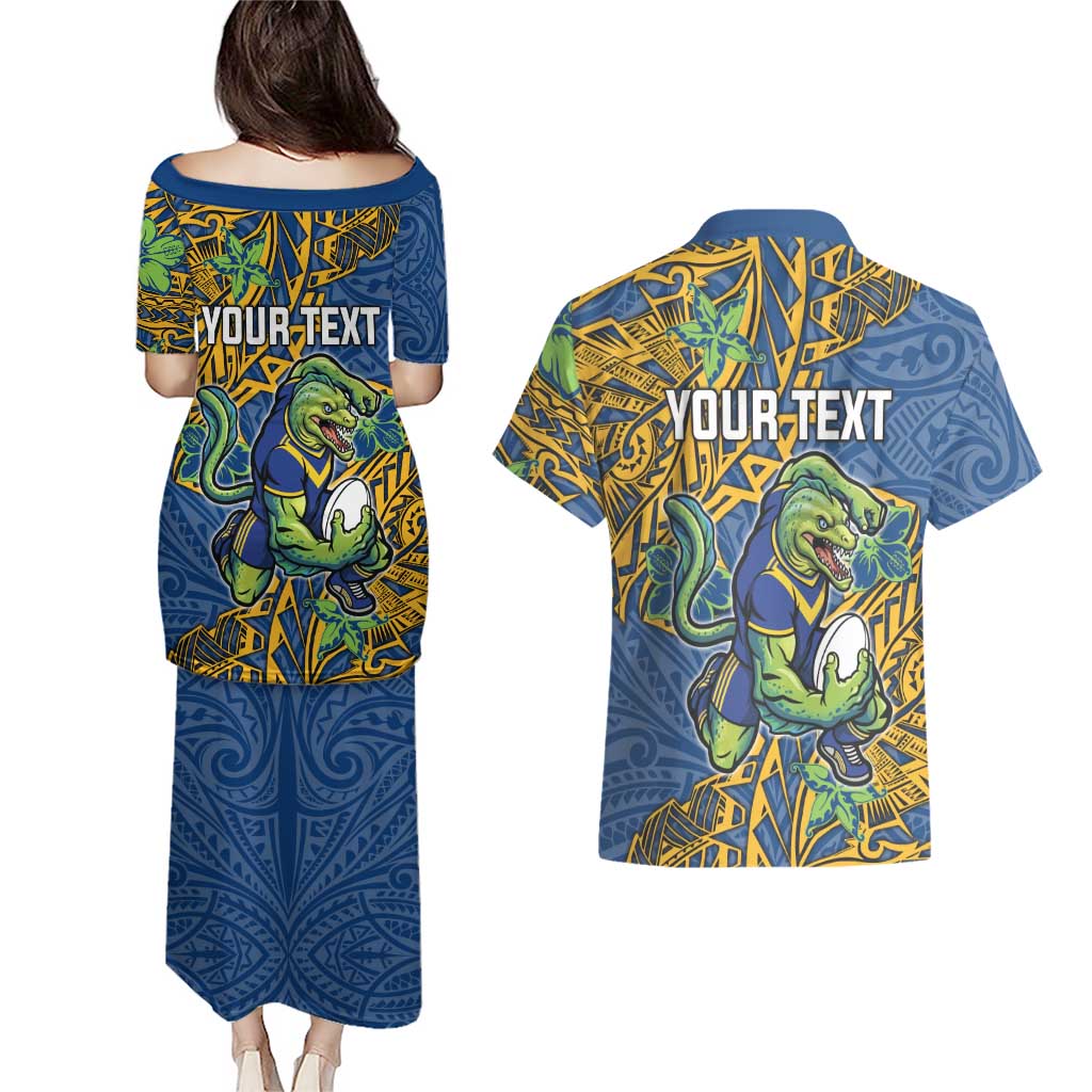 Personalised Parramatta Eels Couples Matching Puletasi and Hawaiian Shirt Polynesian Tribal Pattern With Rugby Eel Mascot Art