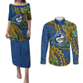 Personalised Parramatta Eels Couples Matching Puletasi and Long Sleeve Button Shirt Polynesian Tribal Pattern With Rugby Eel Mascot Art