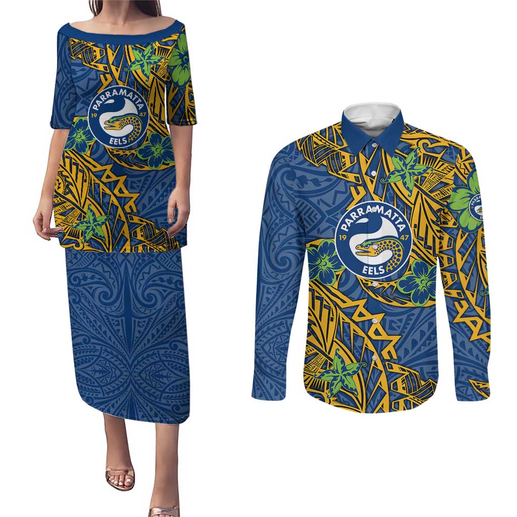 Personalised Parramatta Eels Couples Matching Puletasi and Long Sleeve Button Shirt Polynesian Tribal Pattern With Rugby Eel Mascot Art