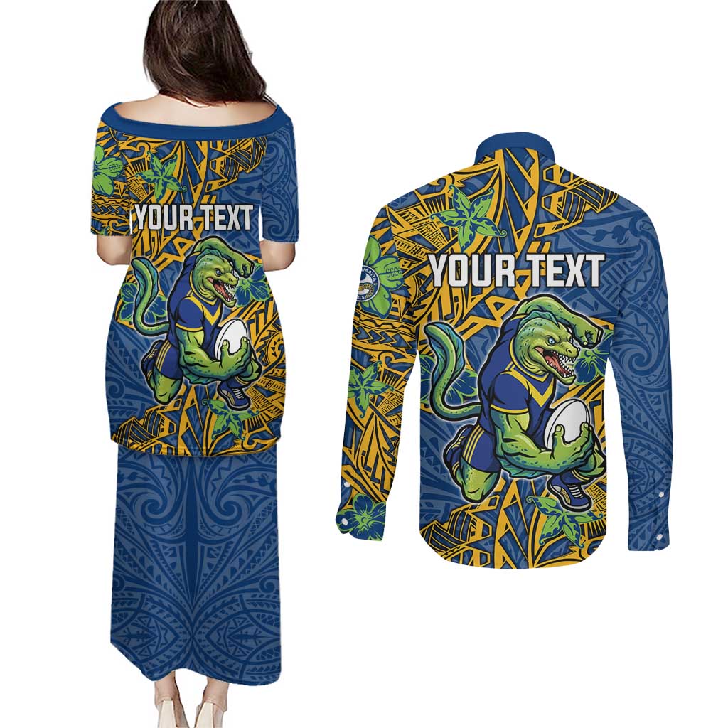 Personalised Parramatta Eels Couples Matching Puletasi and Long Sleeve Button Shirt Polynesian Tribal Pattern With Rugby Eel Mascot Art