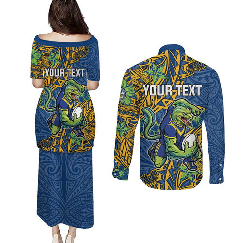 Personalised Parramatta Eels Couples Matching Puletasi and Long Sleeve Button Shirt Polynesian Tribal Pattern With Rugby Eel Mascot Art