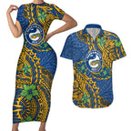 Personalised Parramatta Eels Couples Matching Short Sleeve Bodycon Dress and Hawaiian Shirt Polynesian Tribal Pattern With Rugby Eel Mascot Art