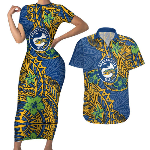 Personalised Parramatta Eels Couples Matching Short Sleeve Bodycon Dress and Hawaiian Shirt Polynesian Tribal Pattern With Rugby Eel Mascot Art