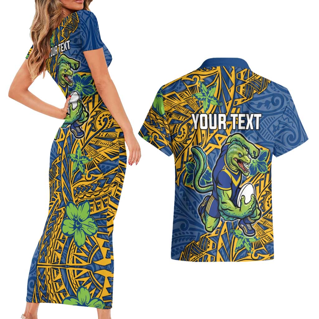 Personalised Parramatta Eels Couples Matching Short Sleeve Bodycon Dress and Hawaiian Shirt Polynesian Tribal Pattern With Rugby Eel Mascot Art