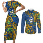 Personalised Parramatta Eels Couples Matching Short Sleeve Bodycon Dress and Long Sleeve Button Shirt Polynesian Tribal Pattern With Rugby Eel Mascot Art