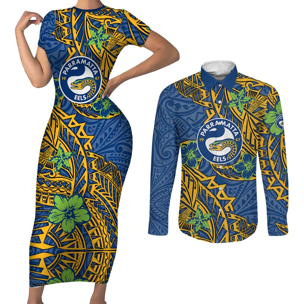 Personalised Parramatta Eels Couples Matching Short Sleeve Bodycon Dress and Long Sleeve Button Shirt Polynesian Tribal Pattern With Rugby Eel Mascot Art