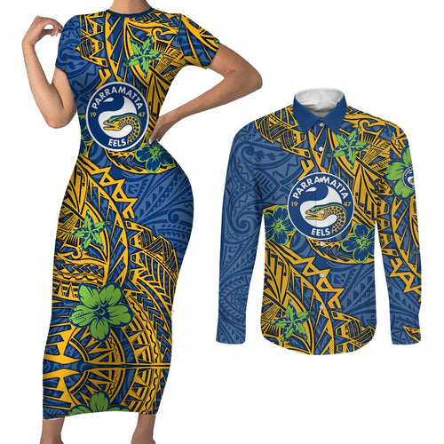 Personalised Parramatta Eels Couples Matching Short Sleeve Bodycon Dress and Long Sleeve Button Shirt Polynesian Tribal Pattern With Rugby Eel Mascot Art