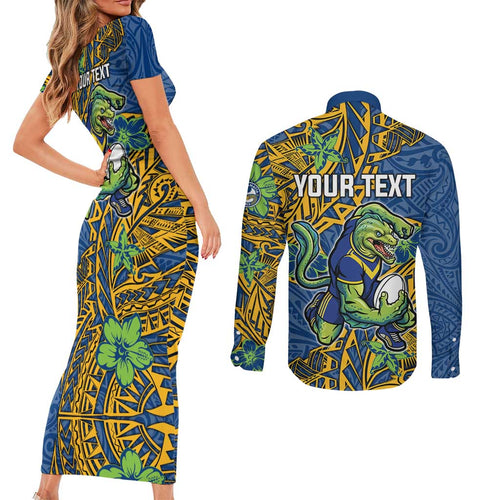 Personalised Parramatta Eels Couples Matching Short Sleeve Bodycon Dress and Long Sleeve Button Shirt Polynesian Tribal Pattern With Rugby Eel Mascot Art