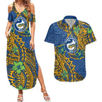 Personalised Parramatta Eels Couples Matching Summer Maxi Dress and Hawaiian Shirt Polynesian Tribal Pattern With Rugby Eel Mascot Art