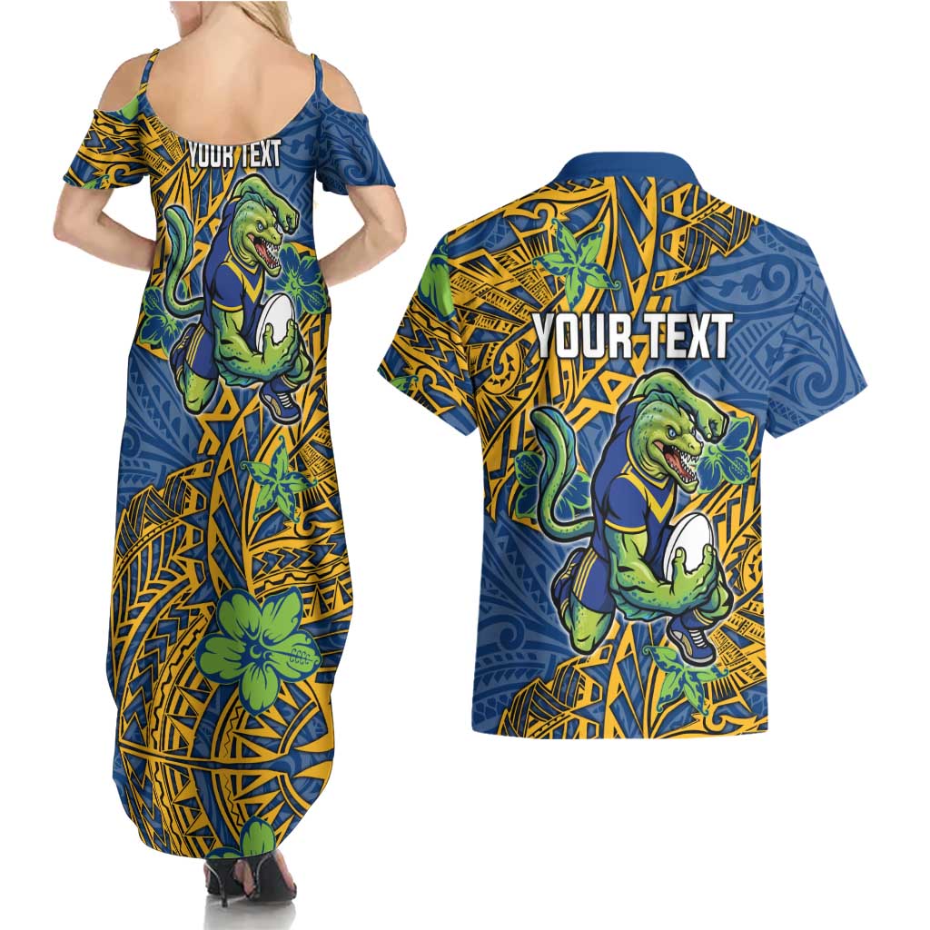 Personalised Parramatta Eels Couples Matching Summer Maxi Dress and Hawaiian Shirt Polynesian Tribal Pattern With Rugby Eel Mascot Art