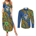 Personalised Parramatta Eels Couples Matching Summer Maxi Dress and Long Sleeve Button Shirt Polynesian Tribal Pattern With Rugby Eel Mascot Art