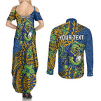 Personalised Parramatta Eels Couples Matching Summer Maxi Dress and Long Sleeve Button Shirt Polynesian Tribal Pattern With Rugby Eel Mascot Art