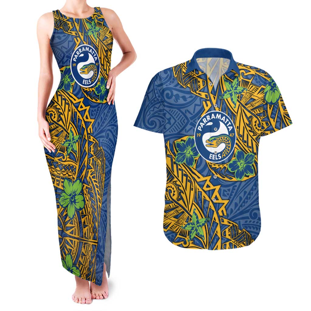 Personalised Parramatta Eels Couples Matching Tank Maxi Dress and Hawaiian Shirt Polynesian Tribal Pattern With Rugby Eel Mascot Art