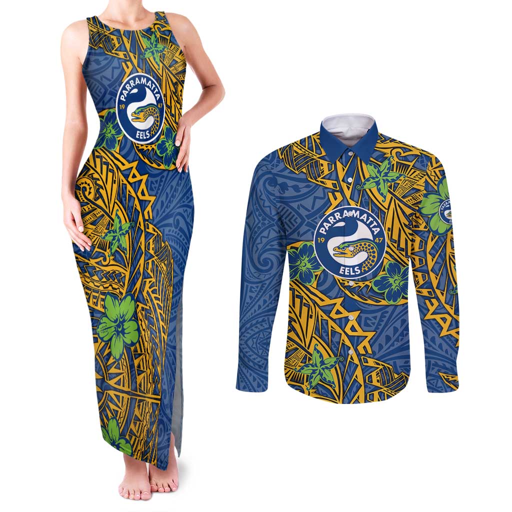Personalised Parramatta Eels Couples Matching Tank Maxi Dress and Long Sleeve Button Shirt Polynesian Tribal Pattern With Rugby Eel Mascot Art