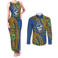 Personalised Parramatta Eels Couples Matching Tank Maxi Dress and Long Sleeve Button Shirt Polynesian Tribal Pattern With Rugby Eel Mascot Art