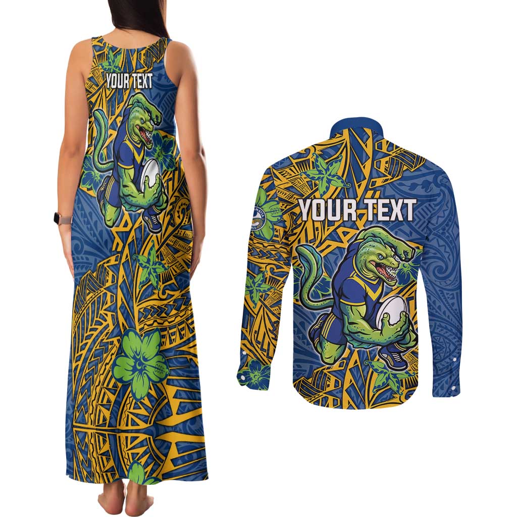 Personalised Parramatta Eels Couples Matching Tank Maxi Dress and Long Sleeve Button Shirt Polynesian Tribal Pattern With Rugby Eel Mascot Art