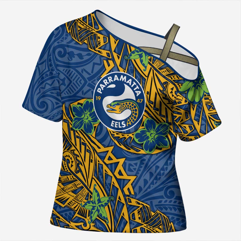 Personalised Parramatta Eels Cross Shoulder Shirt Polynesian Tribal Pattern With Rugby Eel Mascot Art
