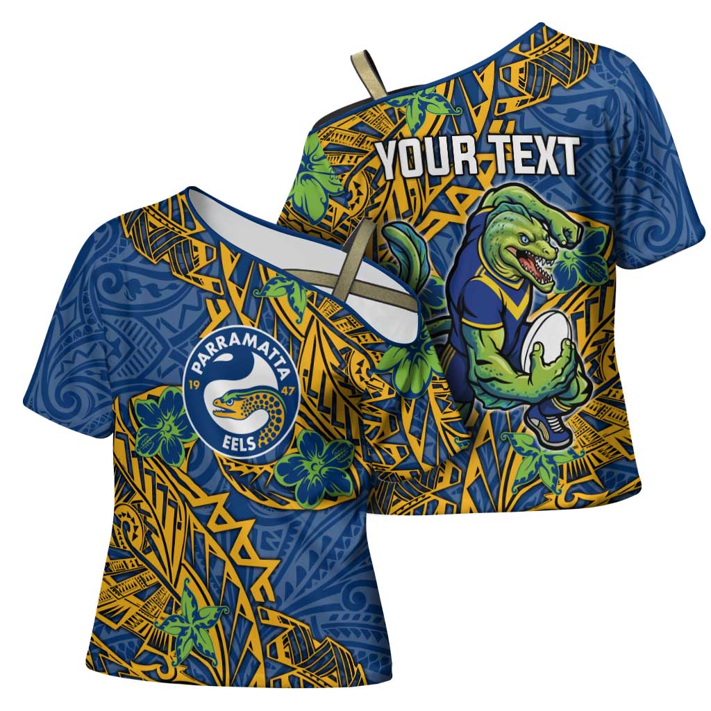 Personalised Parramatta Eels Cross Shoulder Shirt Polynesian Tribal Pattern With Rugby Eel Mascot Art