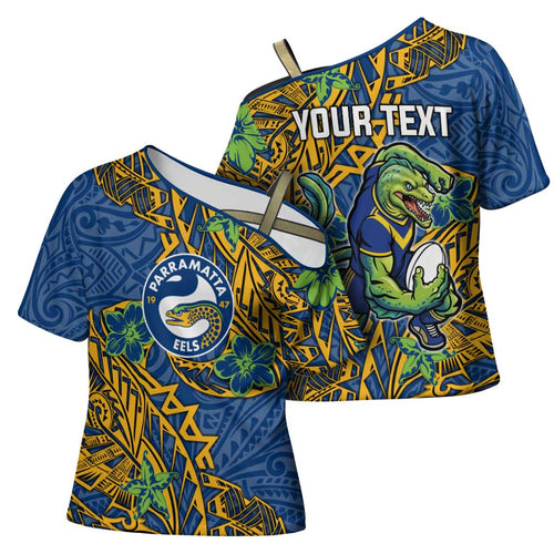 Personalised Parramatta Eels Cross Shoulder Shirt Polynesian Tribal Pattern With Rugby Eel Mascot Art