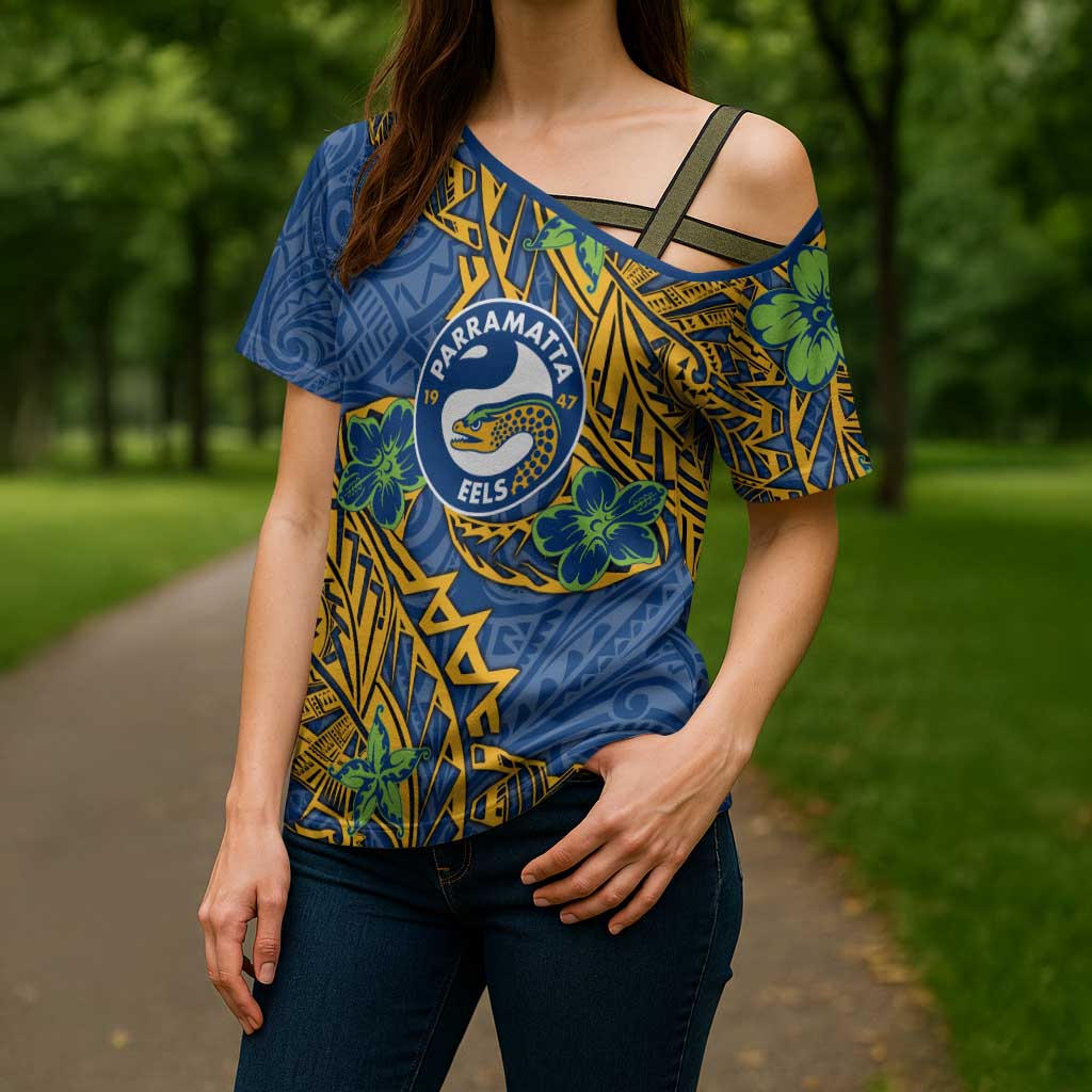 Personalised Parramatta Eels Cross Shoulder Shirt Polynesian Tribal Pattern With Rugby Eel Mascot Art