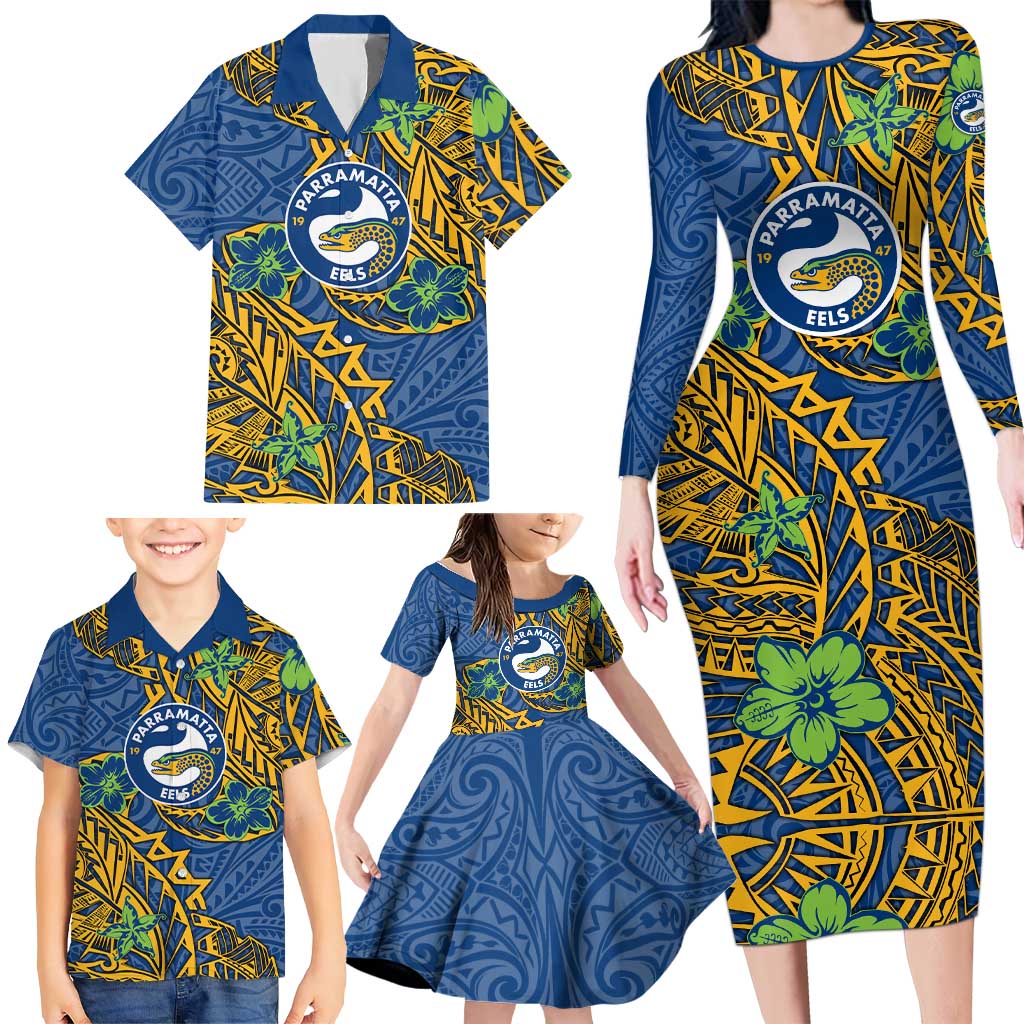 Personalised Parramatta Eels Family Matching Long Sleeve Bodycon Dress and Hawaiian Shirt Polynesian Tribal Pattern With Rugby Eel Mascot Art