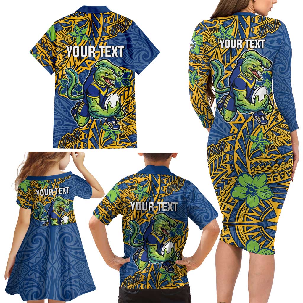 Personalised Parramatta Eels Family Matching Long Sleeve Bodycon Dress and Hawaiian Shirt Polynesian Tribal Pattern With Rugby Eel Mascot Art