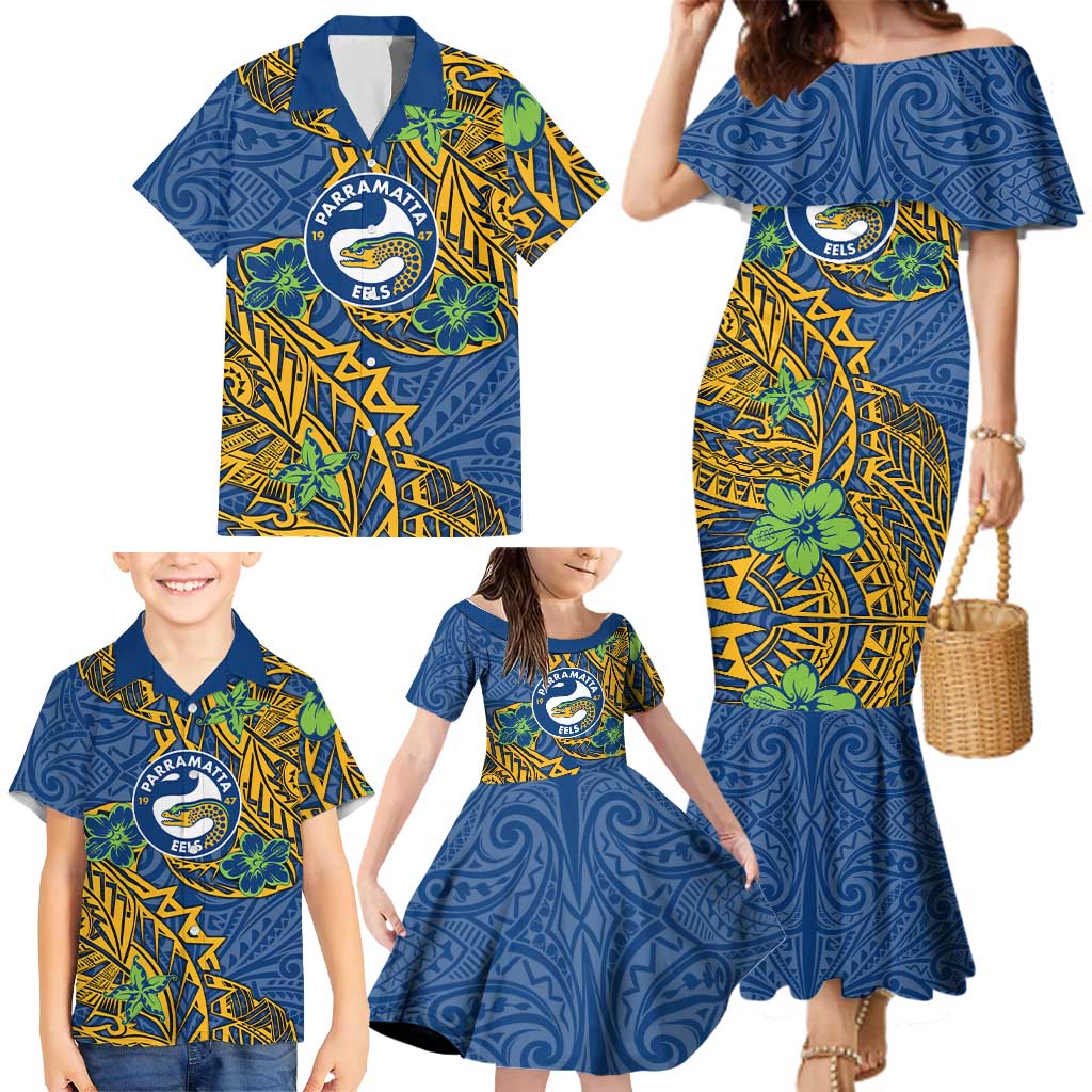 Personalised Parramatta Eels Family Matching Mermaid Dress and Hawaiian Shirt Polynesian Tribal Pattern With Rugby Eel Mascot Art