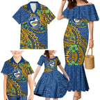 Personalised Parramatta Eels Family Matching Mermaid Dress and Hawaiian Shirt Polynesian Tribal Pattern With Rugby Eel Mascot Art