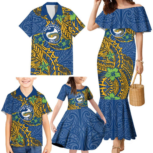 Personalised Parramatta Eels Family Matching Mermaid Dress and Hawaiian Shirt Polynesian Tribal Pattern With Rugby Eel Mascot Art