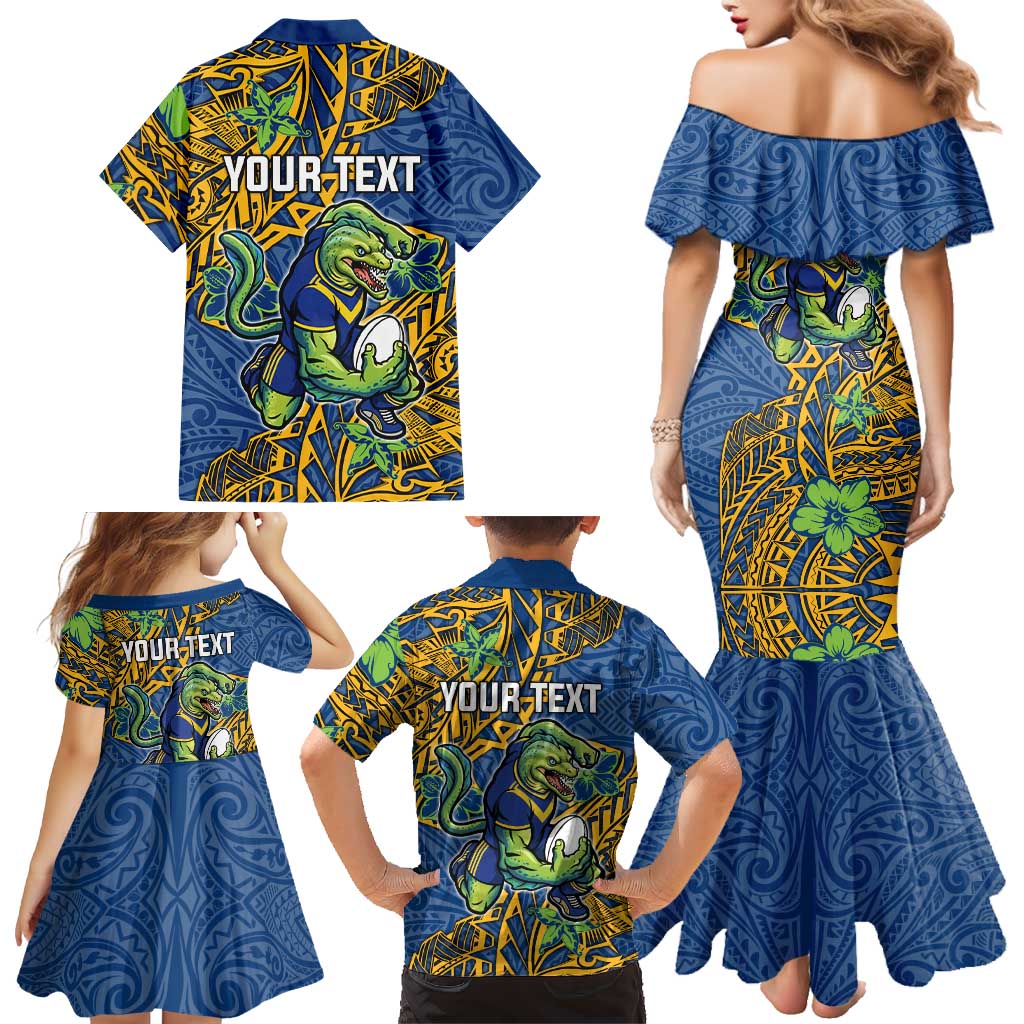 Personalised Parramatta Eels Family Matching Mermaid Dress and Hawaiian Shirt Polynesian Tribal Pattern With Rugby Eel Mascot Art