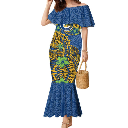 Personalised Parramatta Eels Family Matching Mermaid Dress and Hawaiian Shirt Polynesian Tribal Pattern With Rugby Eel Mascot Art