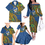 Personalised Parramatta Eels Family Matching Off The Shoulder Long Sleeve Dress and Hawaiian Shirt Polynesian Tribal Pattern With Rugby Eel Mascot Art