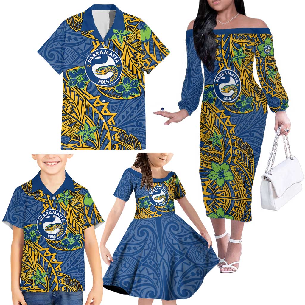 Personalised Parramatta Eels Family Matching Off The Shoulder Long Sleeve Dress and Hawaiian Shirt Polynesian Tribal Pattern With Rugby Eel Mascot Art