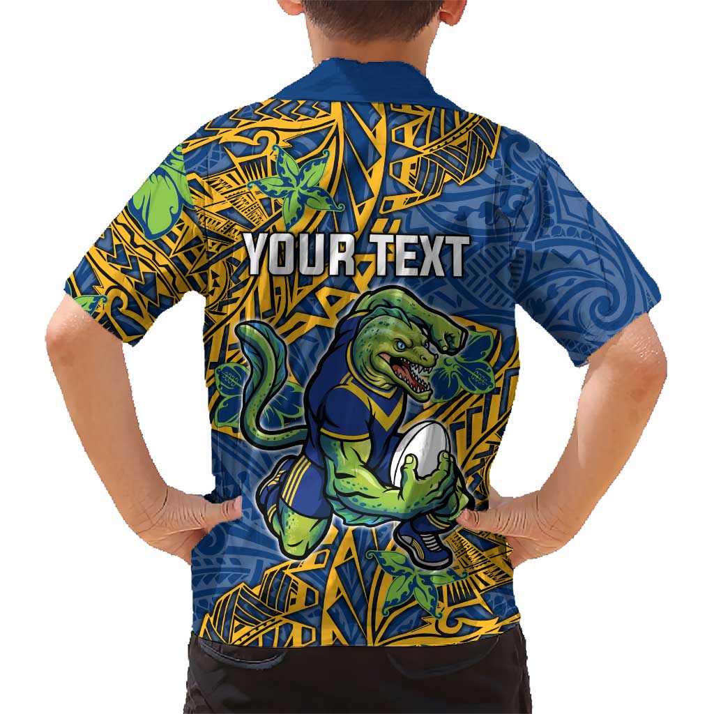 Personalised Parramatta Eels Family Matching Off The Shoulder Long Sleeve Dress and Hawaiian Shirt Polynesian Tribal Pattern With Rugby Eel Mascot Art