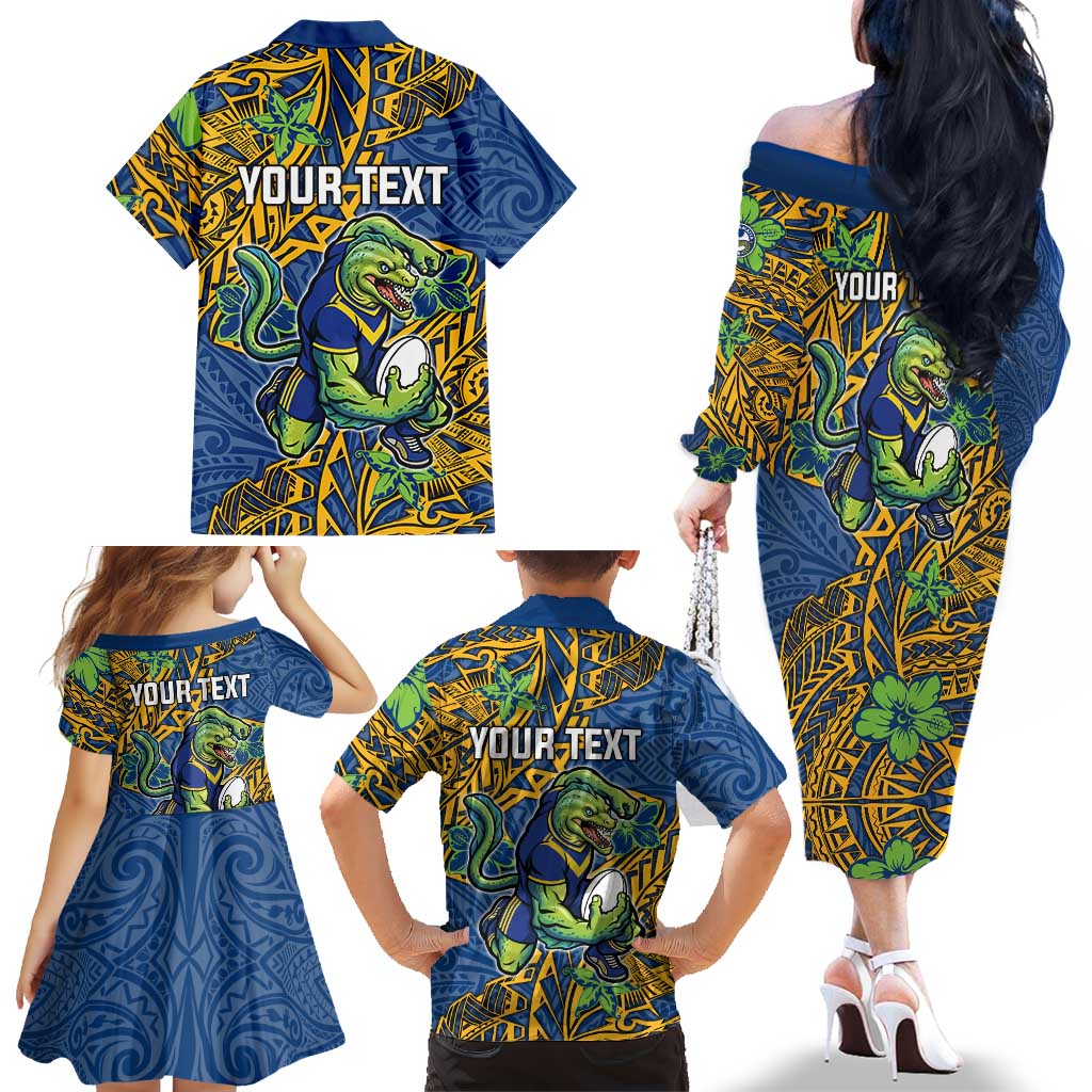 Personalised Parramatta Eels Family Matching Off The Shoulder Long Sleeve Dress and Hawaiian Shirt Polynesian Tribal Pattern With Rugby Eel Mascot Art