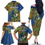 Personalised Parramatta Eels Family Matching Off The Shoulder Long Sleeve Dress and Hawaiian Shirt Polynesian Tribal Pattern With Rugby Eel Mascot Art