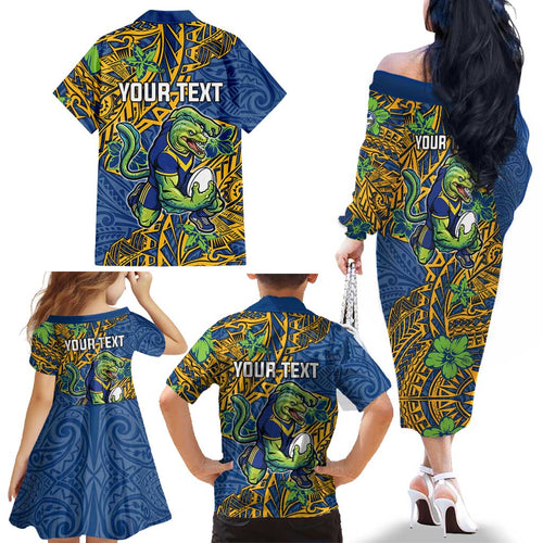 Personalised Parramatta Eels Family Matching Off The Shoulder Long Sleeve Dress and Hawaiian Shirt Polynesian Tribal Pattern With Rugby Eel Mascot Art