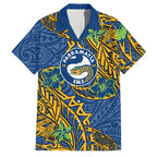 Personalised Parramatta Eels Family Matching Off The Shoulder Long Sleeve Dress and Hawaiian Shirt Polynesian Tribal Pattern With Rugby Eel Mascot Art