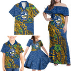 Personalised Parramatta Eels Family Matching Off Shoulder Maxi Dress and Hawaiian Shirt Polynesian Tribal Pattern With Rugby Eel Mascot Art