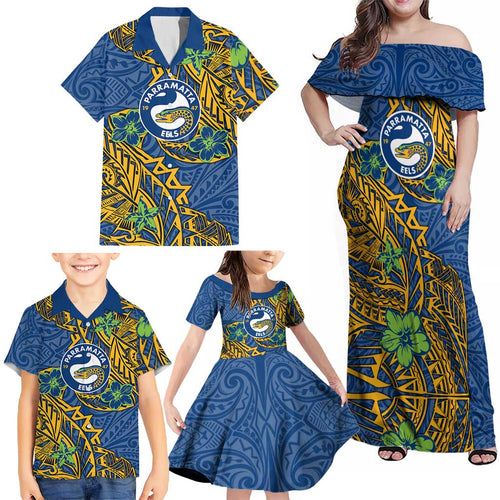 Personalised Parramatta Eels Family Matching Off Shoulder Maxi Dress and Hawaiian Shirt Polynesian Tribal Pattern With Rugby Eel Mascot Art