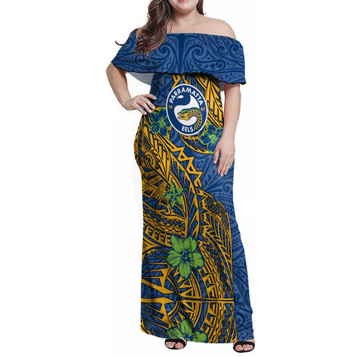 Personalised Parramatta Eels Family Matching Off Shoulder Maxi Dress and Hawaiian Shirt Polynesian Tribal Pattern With Rugby Eel Mascot Art