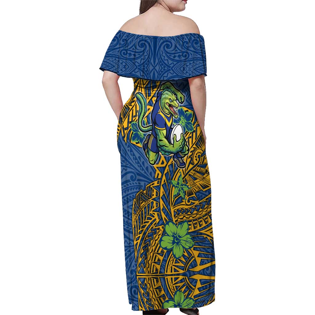 Personalised Parramatta Eels Family Matching Off Shoulder Maxi Dress and Hawaiian Shirt Polynesian Tribal Pattern With Rugby Eel Mascot Art