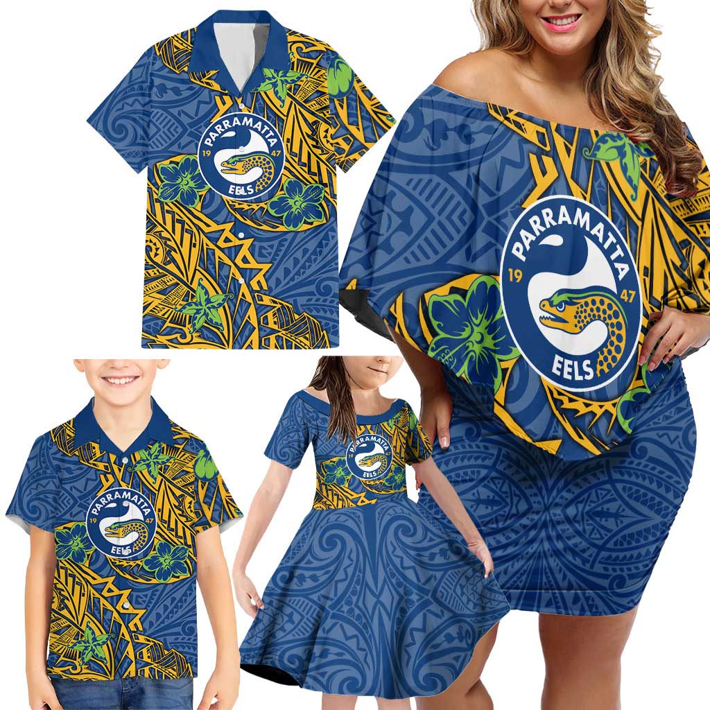 Personalised Parramatta Eels Family Matching Off Shoulder Short Dress and Hawaiian Shirt Polynesian Tribal Pattern With Rugby Eel Mascot Art