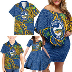 Personalised Parramatta Eels Family Matching Off Shoulder Short Dress and Hawaiian Shirt Polynesian Tribal Pattern With Rugby Eel Mascot Art