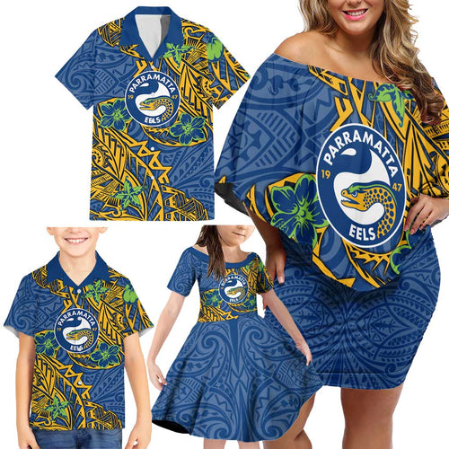 Personalised Parramatta Eels Family Matching Off Shoulder Short Dress and Hawaiian Shirt Polynesian Tribal Pattern With Rugby Eel Mascot Art