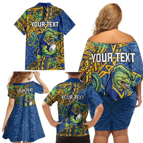 Personalised Parramatta Eels Family Matching Off Shoulder Short Dress and Hawaiian Shirt Polynesian Tribal Pattern With Rugby Eel Mascot Art