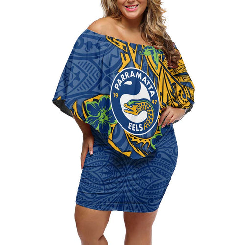 Personalised Parramatta Eels Family Matching Off Shoulder Short Dress and Hawaiian Shirt Polynesian Tribal Pattern With Rugby Eel Mascot Art