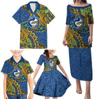 Personalised Parramatta Eels Family Matching Puletasi and Hawaiian Shirt Polynesian Tribal Pattern With Rugby Eel Mascot Art