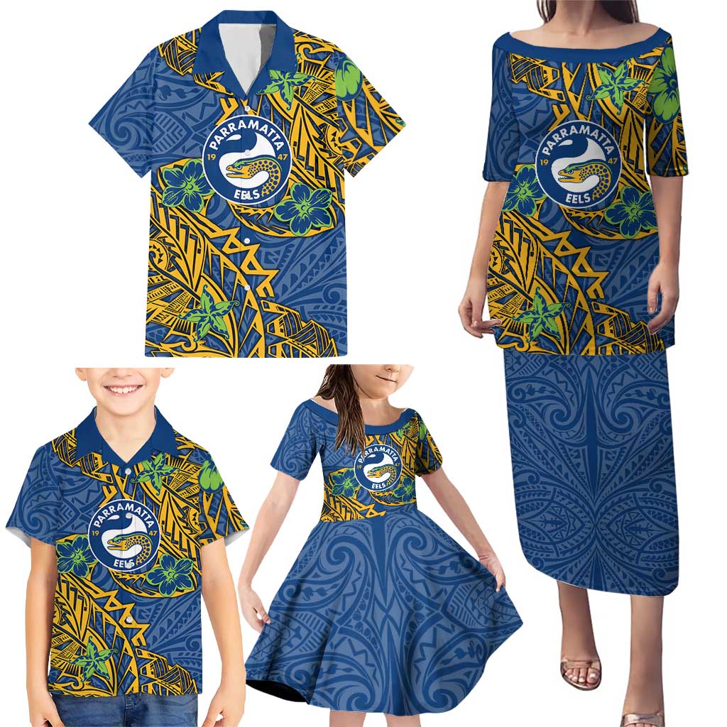 Personalised Parramatta Eels Family Matching Puletasi and Hawaiian Shirt Polynesian Tribal Pattern With Rugby Eel Mascot Art